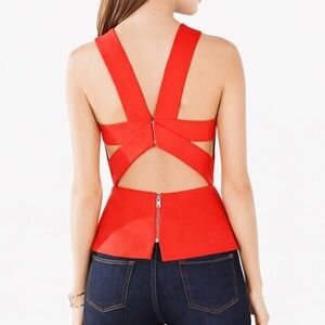 BCBGMaxAzria Sculpted Peplum Halter Top – Crisscross Back – Red